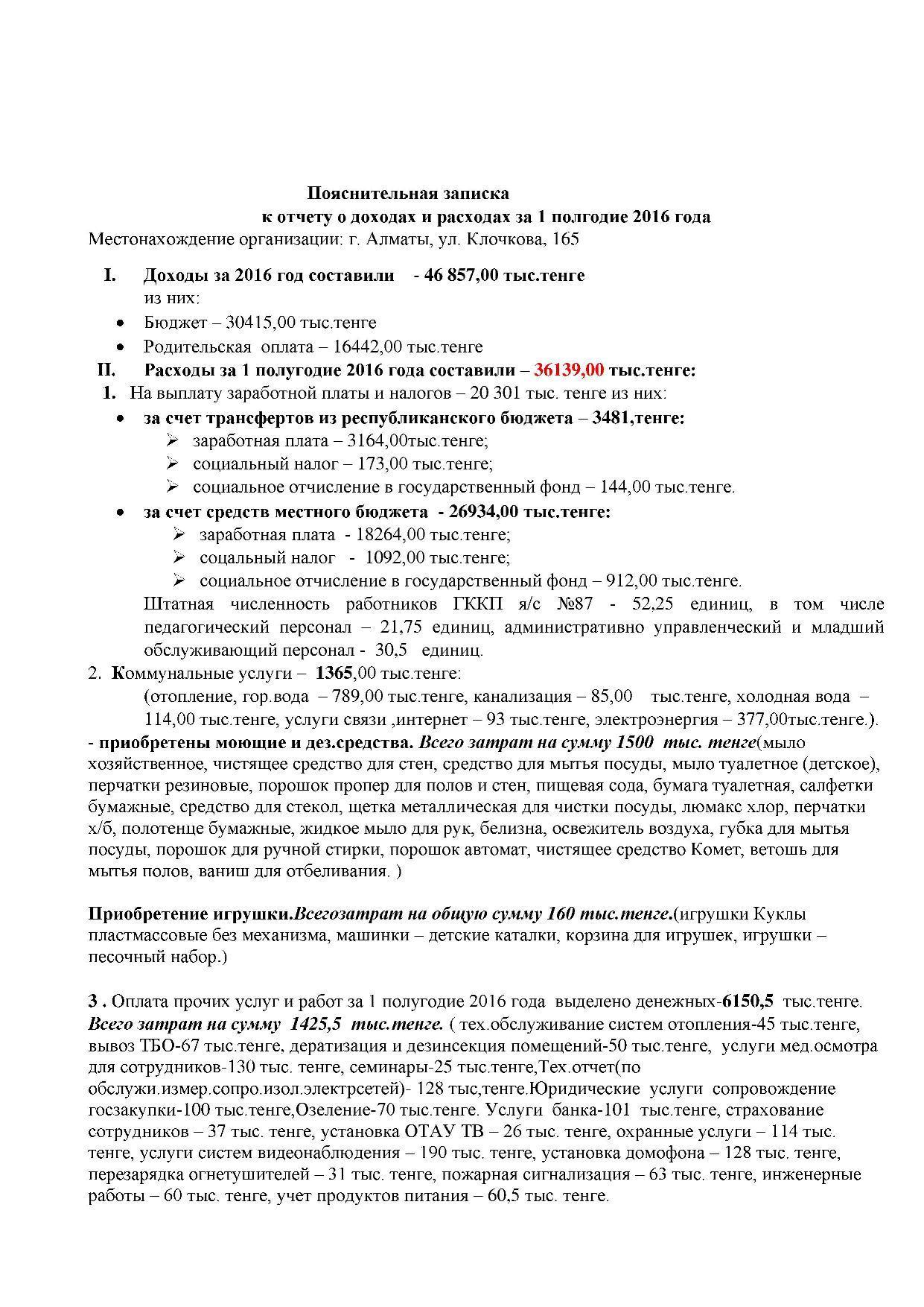 Отчет о доходах и расходах за 1 полугодие 2016 г.