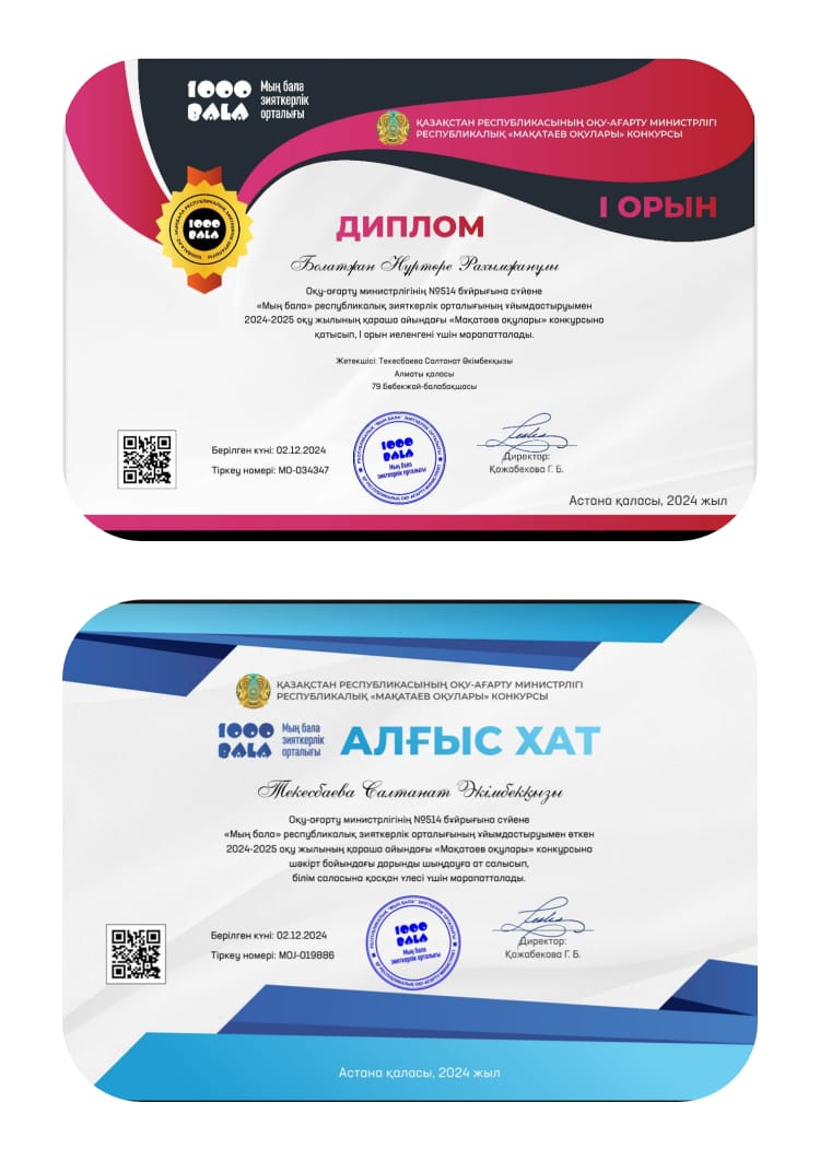 Балабақшамыздың тәрбиеленушісі  Болатжан Нұртөре Рахымжанұлы,Оқу-ағарту министірлігінің "Мың бала"республикалық зияткерлік орталығының уйымдастыруымен  " Мақатаев оқулары"конкурсына қатысып  I- орын иеленді.Жетекшісі Текесбаева С.Ә