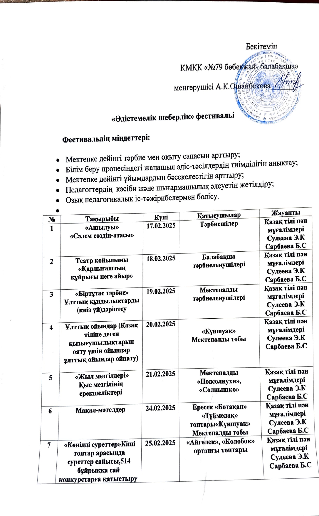 "Әдістемелік шеберлік"фестивальінің  Қазақ тілі 10 күндігінің іс-шараларды ұйымдастыру кестесі